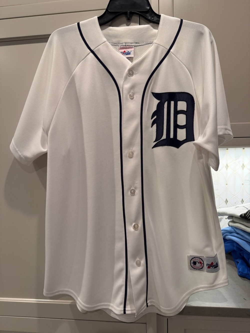 Majestic White Detroit Tigers Baseball Jersey with Navy Detailing